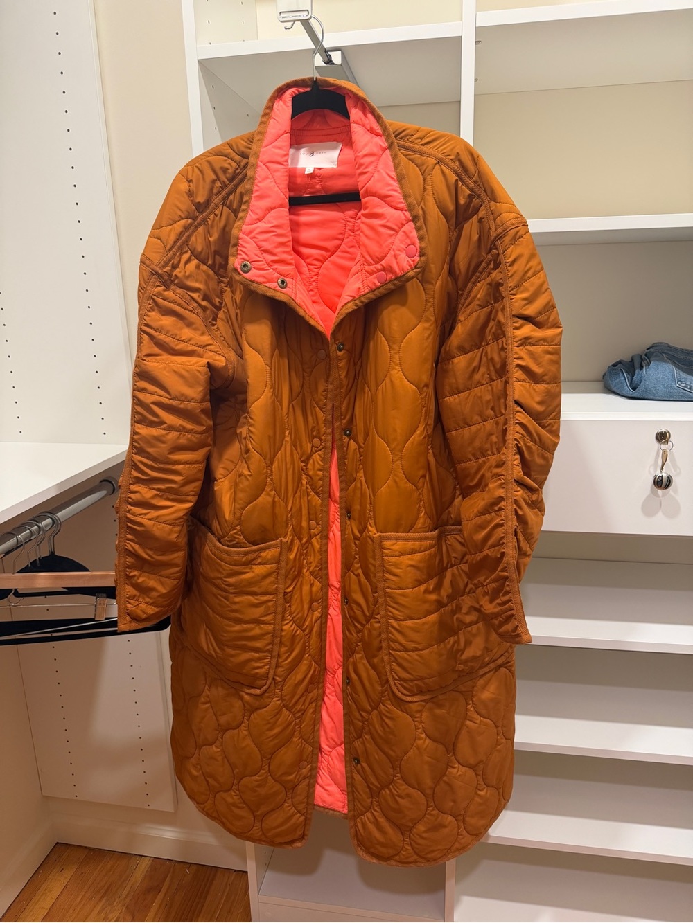 Lou & Grey Quilted Long Puffer Coat in Rust with Coral Lining